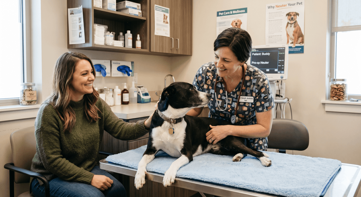 A compassionate female veterinarian examines a black and white male dog during a pre-operative neutering appointment in a modern Vetmodo clinic exam room. A smiling pet owner is present, illustrating a supportive and collaborative decision-making process for pet healthcare. The room includes a monitoring screen displaying "Pre-op Neuter" and a "Why Neuter Your Pet" poster.