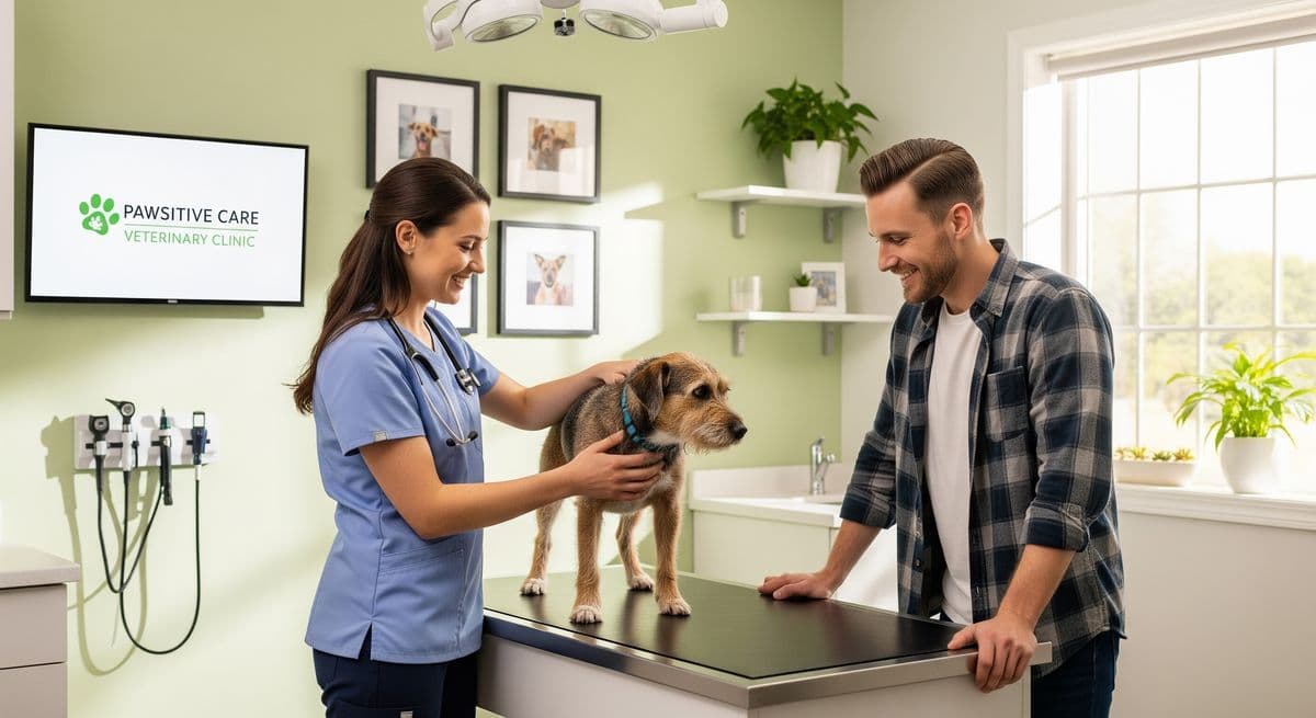 A veterinary professional in scrubs examining a small dog on an exam table while a smiling pet owner looks on in a bright, welcoming veterinary clinic.