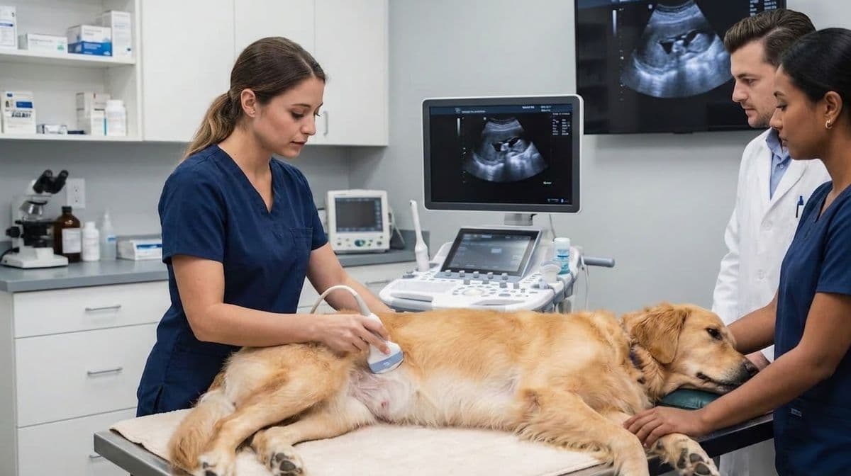 Veterinary internal medicine specialist performing a diagnostic abdominal ultrasound on a golden retriever in a veterinary hospital surrounding by colleagues