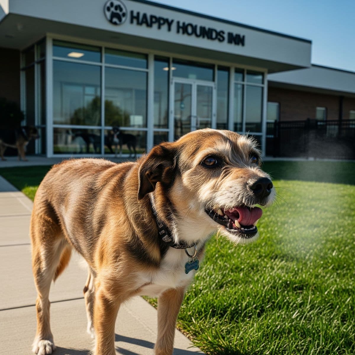 A dog, likely a Labrador Retriever or similar breed, is outside on a bright, sunny day, actively engaged in a deep cough or hacking episode. The background features the fencing and buildings of a dog boarding facility or kennel, illustrating a common setting for contagious respiratory infections like kennel cough.