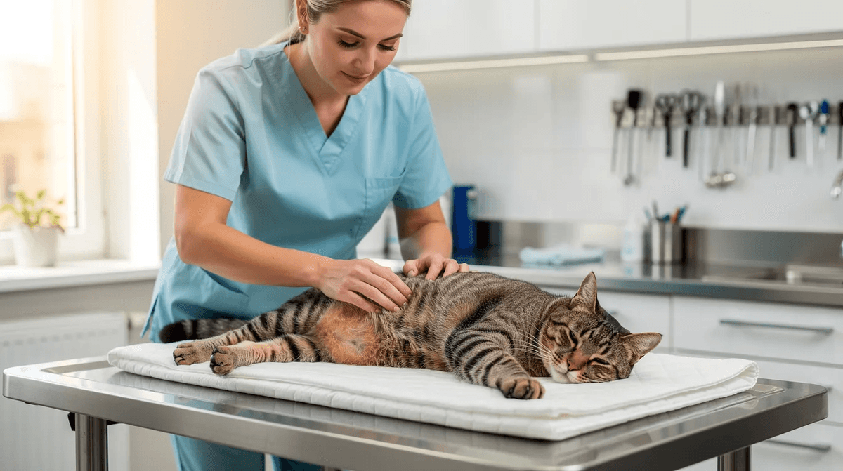 A veterinarian is gently examining a relaxed tabby cat on an exam table, showcasing the caring and attentive nature of veterinary services. This scene highlights the importance of regular vet care for maintaining the health and well-being of pets.