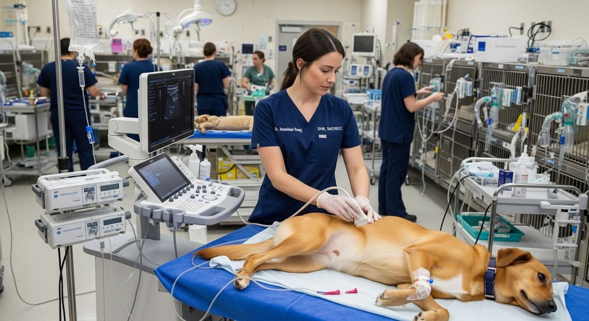 A veterinary critical care specialist wearing scrubs displaying the credentials DVM, DACVECC, stands in a modern, busy veterinary Intensive Care Unit (ICU). The specialist is performing a point-of-care ultrasound on the abdomen of a dog lying on the exam table. The dog has an IV catheter and connected to multiple syringe pumps providing fluid infusions. A freestanding ultrasound machine is visible nearby, and the background shows additional veterinary staff working amidst oxygen cages, creating a scene of controlled chaos under cool, bright lighting.