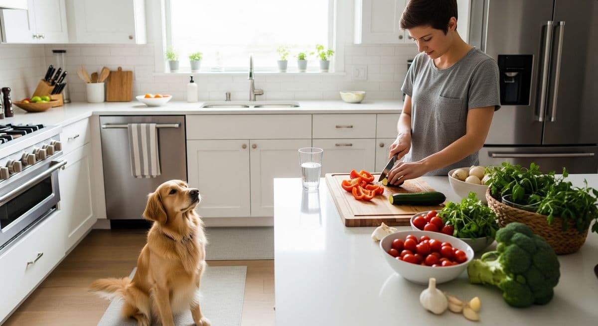 A person cooking in a bright modern kitchen, chopping vegetables with a golden retriever watching attentively from the floor, various fresh ingredients laid out on the counter, natural daylight